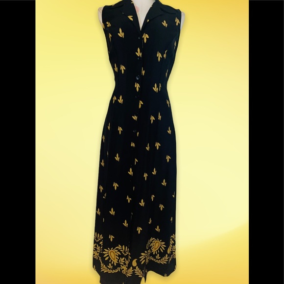 Studio I Black & Yellow Sleeveless Collared Floral Button Down Maxi Dress Sz 10 - Picture 2 of 8